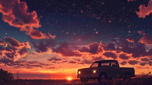 夕阳下的卡车与星空美景
