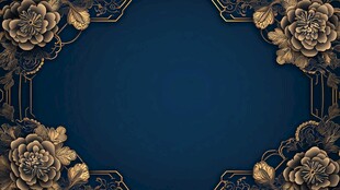 蓝底金边牡丹中式背景图