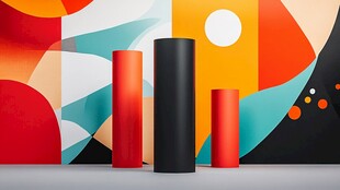 多彩几何背景下的圆柱陈列