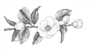 手绘山茶花枝黑白插画