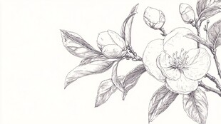 手绘花卉图 素雅山茶枝