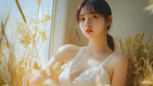 窗边美人 置身金黄麦穗间