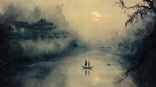 月夜江景古风诗意画面