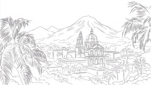 热带城市与远山景观线描图
