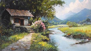 乡村溪边小屋的静谧风光