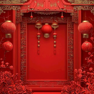 中式喜庆红门灯笼装饰图