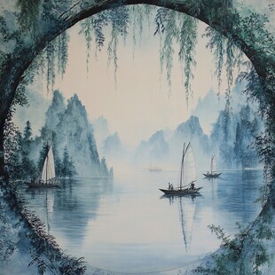 水墨圆窗中的山水行舟图