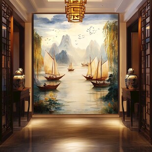 中式玄关山水帆船壁画