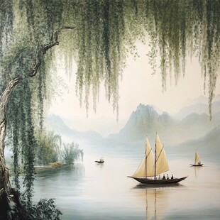 柳岸帆影 水墨江南景致
