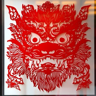 红色剪纸狮子头