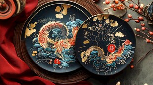 中式锦鲤刺绣圆盘摆件