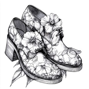 花卉图案复古系带粗跟女鞋