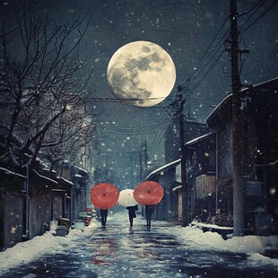 雪夜月下撑红伞的行人