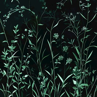 深绿背景下的清新花草图案