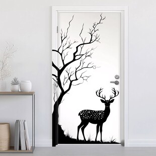 黑白鹿树门贴装饰画