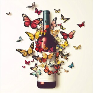 蝴蝶环绕的精美葡萄酒瓶
