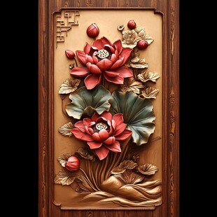 中式木雕荷花图