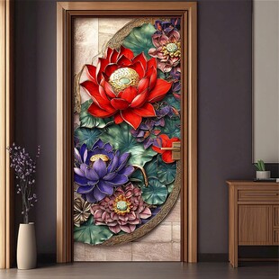 中式荷花玄关装饰壁画