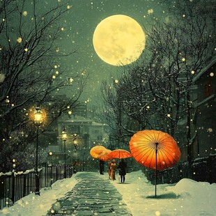 雪夜月光下的撑伞漫步