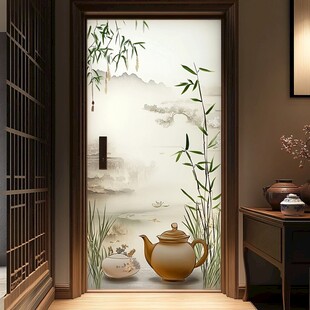 中式禅意茶室玻璃门装饰画