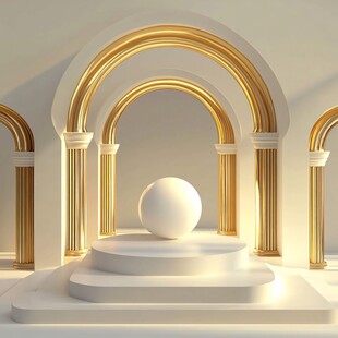金色拱门中的白色球体展示
