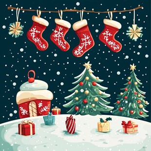 圣诞夜景 袜子 圣诞树与礼物