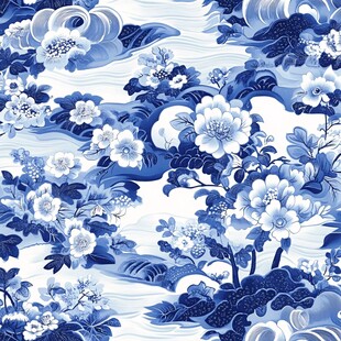 青花瓷花卉海浪图案纹样