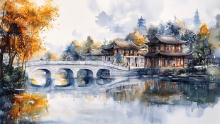 秋日中式桥畔园林美景