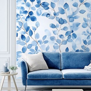 蓝叶墙纸搭配蓝色沙发空间