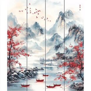 中式山水红叶飞鸟意境画