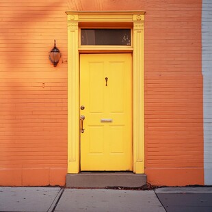 橙色墙前的黄色复古门