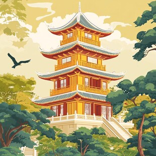 中式塔楼隐于葱郁山林间