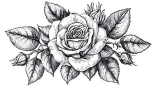 手绘单枝玫瑰与叶