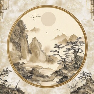 中式圆形山水墨画意境图