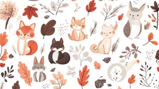 秋日萌宠与落叶插画