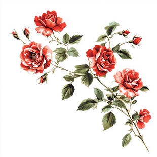 艳丽红玫瑰枝叶插画