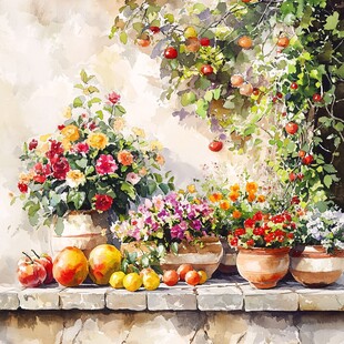 花园窗台的多彩花卉与鲜果