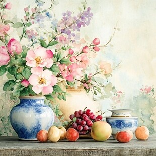 蓝白瓷瓶中的缤纷花卉静物