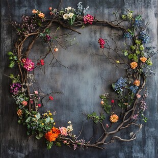 自然风多彩花卉枯枝花环