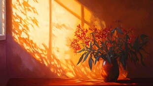 夕阳下的花瓶与绚烂花卉