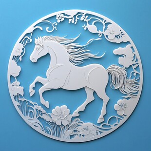圆形剪纸骏马图 花卉相伴