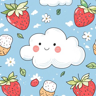 可爱云朵与草莓夏日插画