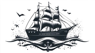 复古帆船海上航行插画