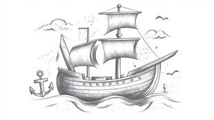 手绘复古帆船在海上航行