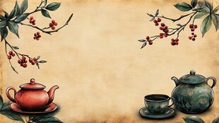 复古风茶具与枝叶装饰图