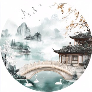 中式水墨山水园林美景图