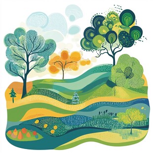 秋日原野的多彩树木景观