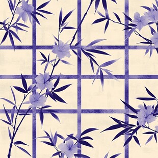 蓝紫花卉竹叶格纹图案