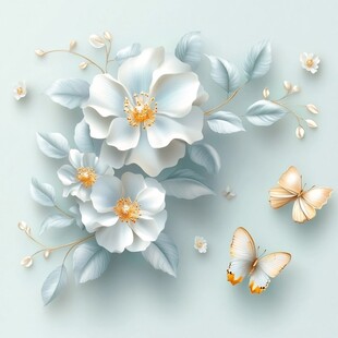 淡雅白花与灵动蝴蝶插画