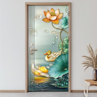 荷花游鸭玻璃门艺术图案
